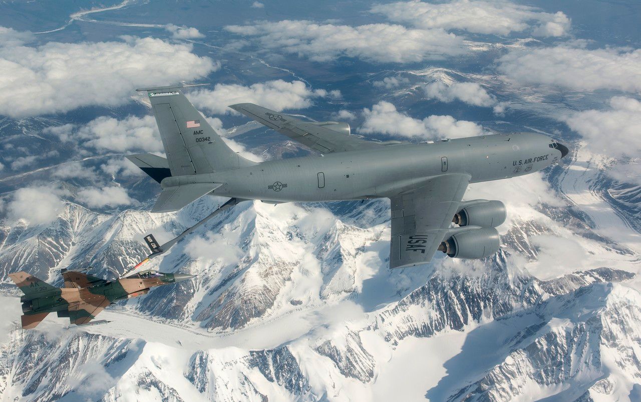 F16 Fighting Falcon from the 354th Fighter Wing at Eielson Air Force Base Alaska is refueled by